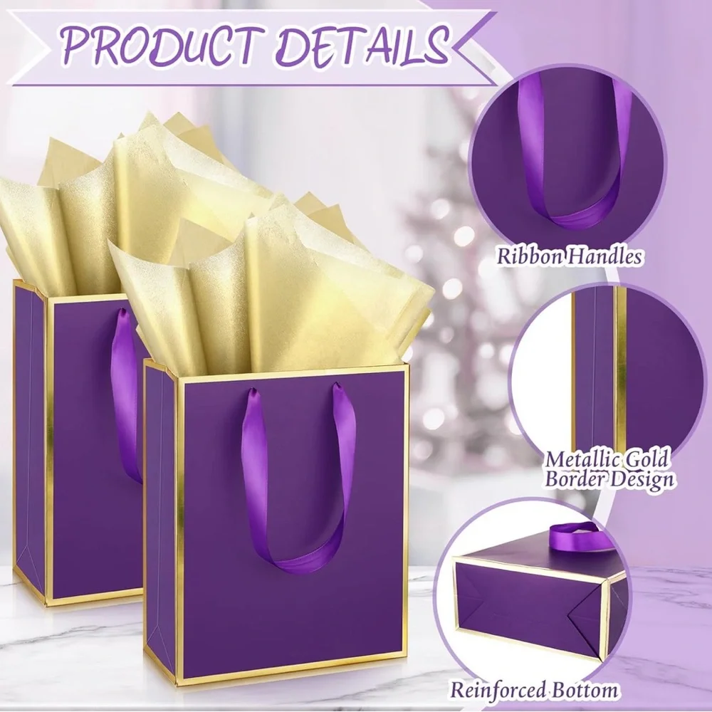 5 Pack Metallic Paper Gift Bags with Handle and Tissue 9 x 7 x 3.1